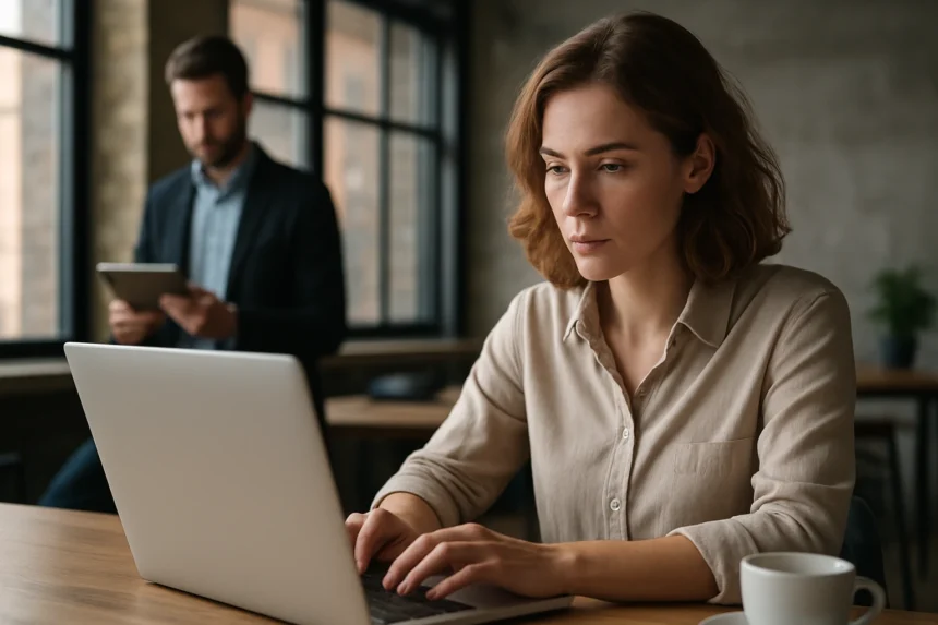 Nő laptopon dolgozik közösségi média menedzsmenttel.