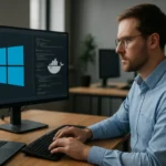 Fejlesztő a Windows konténerekkel dolgozik programozás közben.