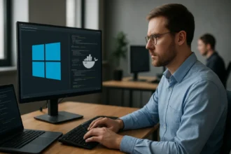 Fejlesztő a Windows konténerekkel dolgozik programozás közben.