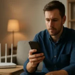 Férfi, aki okostelefonon használja a Wi-Fi hálózatot egy MIMO router mellett.