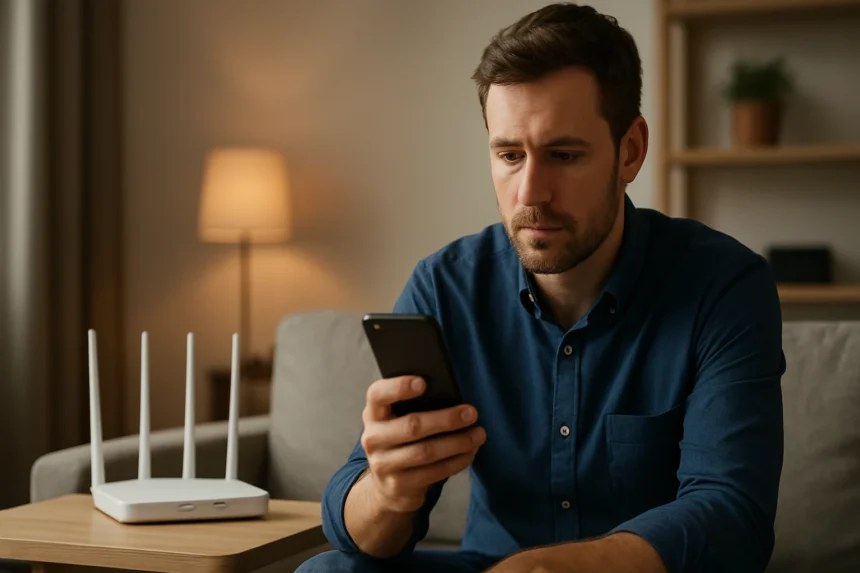 Férfi, aki okostelefonon használja a Wi-Fi hálózatot egy MIMO router mellett.