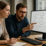 Két szakember együttműködési diagramot elemez egy számítógépen.