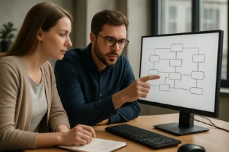 Két szakember együttműködési diagramot elemez egy számítógépen.