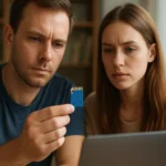 Fiatal pár, aki flash memóriakártyát vizsgál laptop előtt.