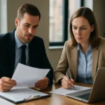 Két személy auditálási dokumentumokat áttekintve egy irodában.