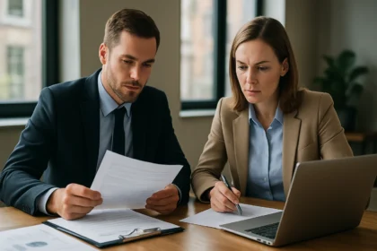 Két személy auditálási dokumentumokat áttekintve egy irodában.