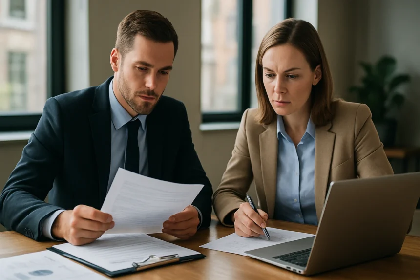 Két személy auditálási dokumentumokat áttekintve egy irodában.