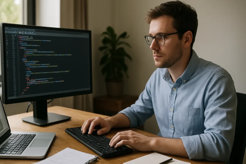 Webmester dolgozik számítógépen webfejlesztés közben.