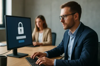 Felhasználó bejelentkezés közben számítógépen dolgozik, biztonságos IT környezetben.
