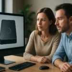 Két személy, akik érdeklődve nézik a brontobyte adattárolási rendszert.