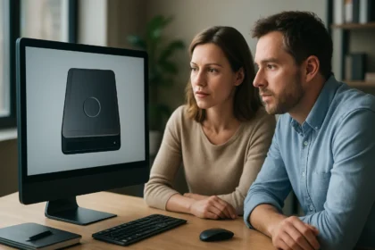 Két személy, akik érdeklődve nézik a brontobyte adattárolási rendszert.