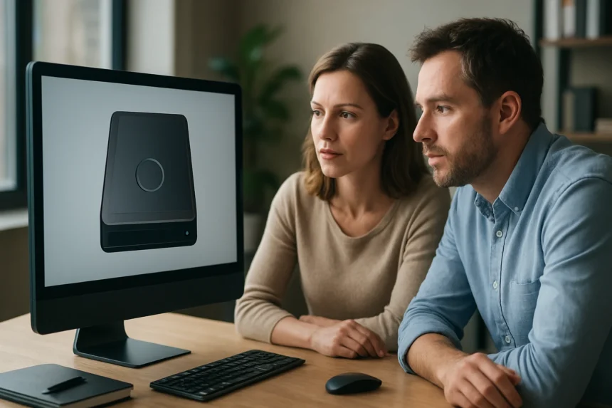 Két személy, akik érdeklődve nézik a brontobyte adattárolási rendszert.