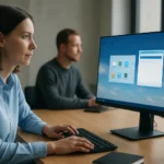 Nő dolgozik virtuális asztalon egy modern irodában