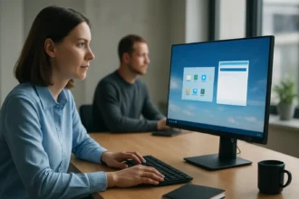 Nő dolgozik virtuális asztalon egy modern irodában