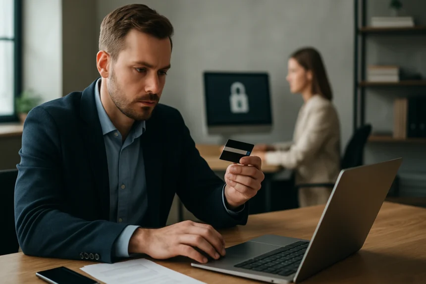 Férfi pénzügyi tranzakciót végez információbiztosítási környezetben.