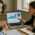 Két szakember statisztikai adatokat elemzi laptopon