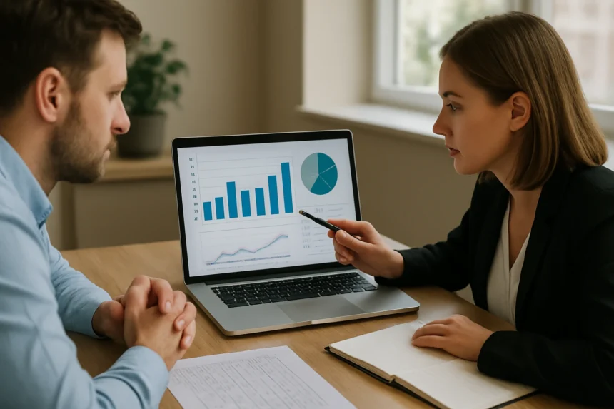 Két szakember statisztikai adatokat elemzi laptopon