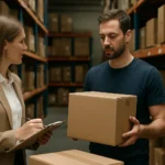 Két dolgozó interakciója a raktárban, a konszignációs készlet kezeléséről.