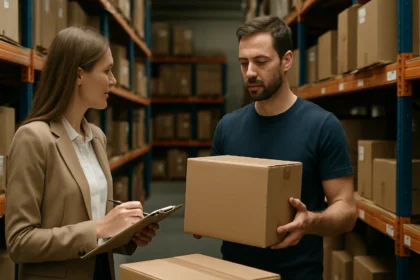 Két dolgozó interakciója a raktárban, a konszignációs készlet kezeléséről.