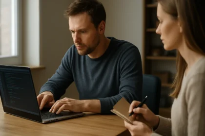 Két programozó, akik Git parancsokkal dolgoznak.