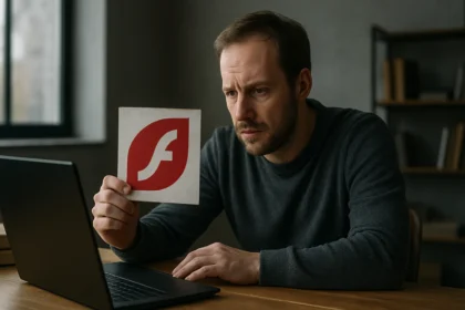 Férfi az Adobe Flash Player logóját nézi, miközben számítógépezik.