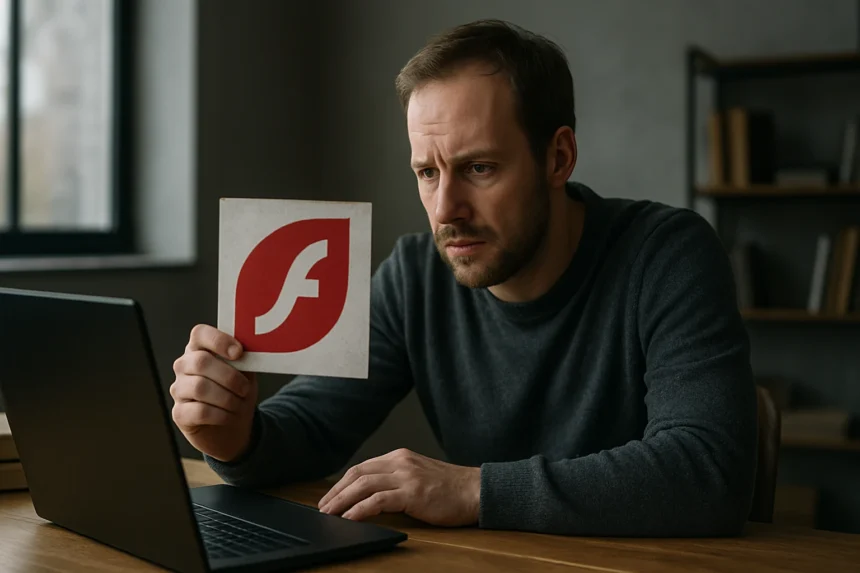 Férfi az Adobe Flash Player logóját nézi, miközben számítógépezik.