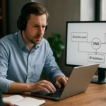 DNS átirányítás magyarázata egy számítástechnikai szakember előtt.