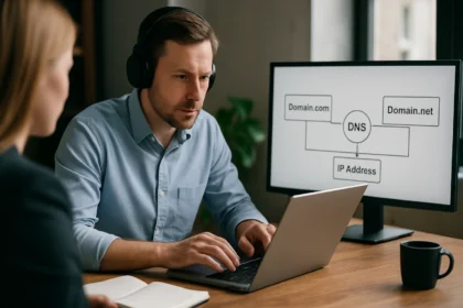 DNS átirányítás magyarázata egy számítástechnikai szakember előtt.