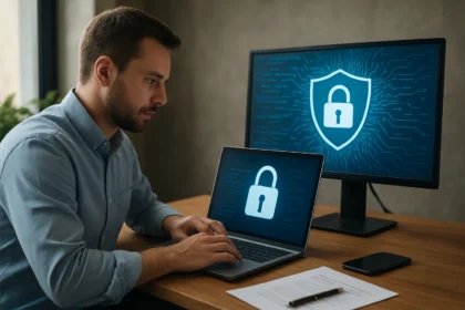 Férfi dolgozik a kiberbiztonság automatizálásával kapcsolatban.