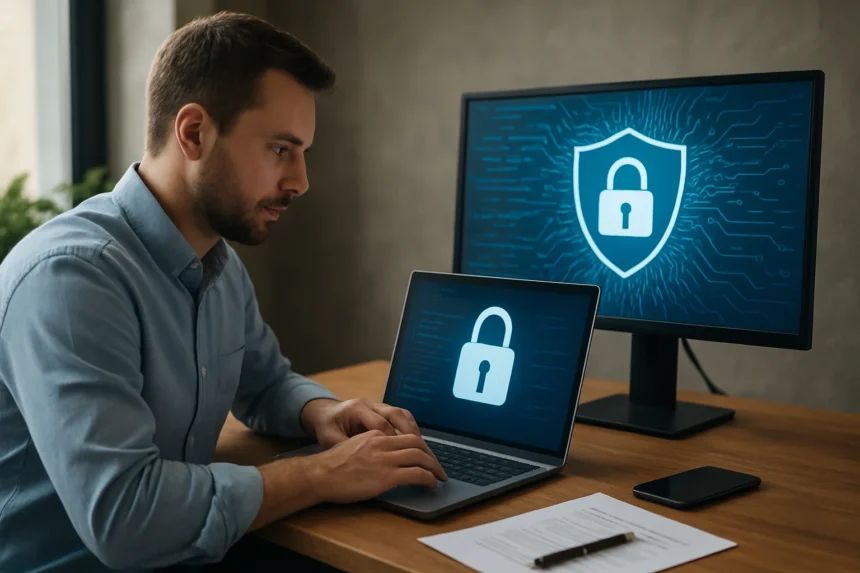 Férfi dolgozik a kiberbiztonság automatizálásával kapcsolatban.