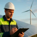 Munkás a napenergia és szélerőmű mellett egy ellenőrző lappal