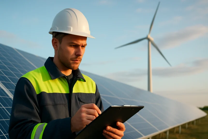 Munkás a napenergia és szélerőmű mellett egy ellenőrző lappal
