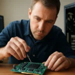 Mérnök lebegőpontos egységet (FPU) szerel a processzorban.