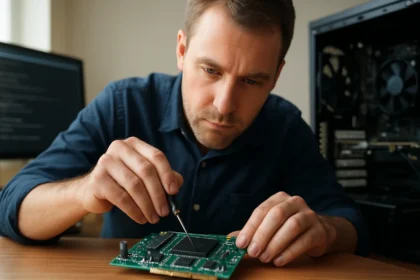 Mérnök lebegőpontos egységet (FPU) szerel a processzorban.