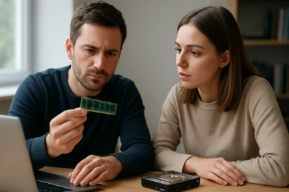 Két szakember egy számítógép alkatrészt vizsgálódik