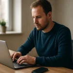 Férfi laptopon e-maileket kezel a POP3 protokoll segítségével