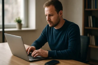 Férfi laptopon e-maileket kezel a POP3 protokoll segítségével