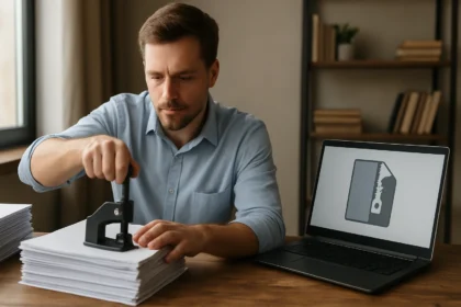 Fájltömörítés bemutatása: férfi papírokat présel egy számítógép mellett.