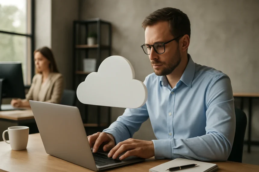 Férfi dolgozik a laptopján dedikált felhőszolgáltatással