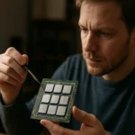 Férfi multi-core processzor chipet vizsgál egy laboratóriumban.