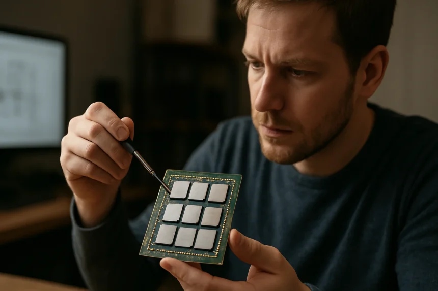 Férfi multi-core processzor chipet vizsgál egy laboratóriumban.