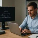 Férfi laptopon dolgozik, háttérben hálózati diagram a monitoron