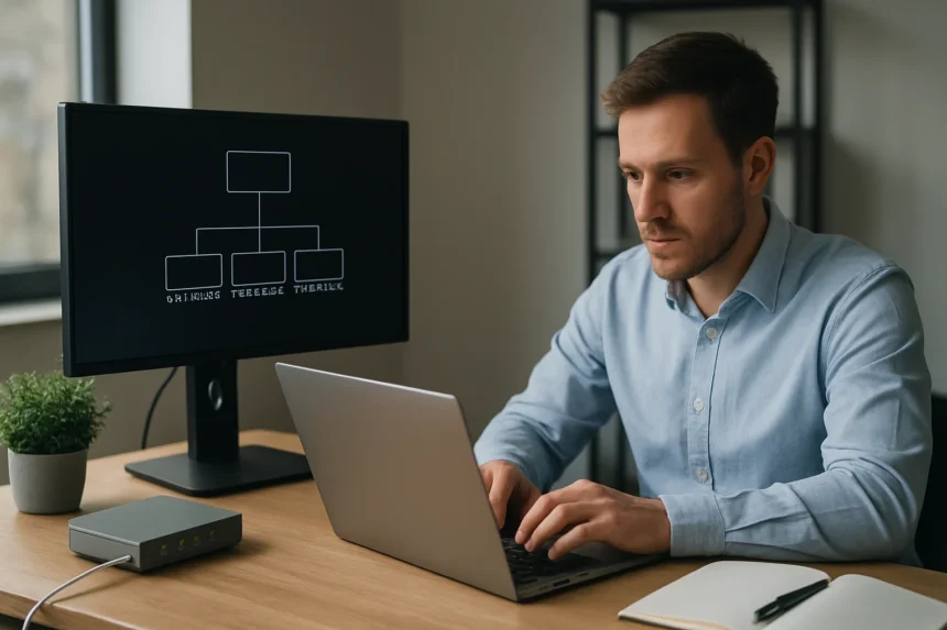 Férfi laptopon dolgozik, háttérben hálózati diagram a monitoron