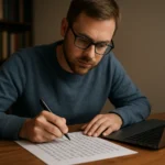 Férfi rejtjelezett szöveget ír, digitális eszköz mellett.