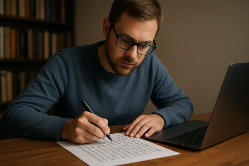 Férfi rejtjelezett szöveget ír, digitális eszköz mellett.