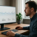 Férfi analitikai méréseket néz egy számítógép képernyőjén.