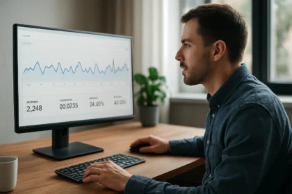Férfi analitikai méréseket néz egy számítógép képernyőjén.