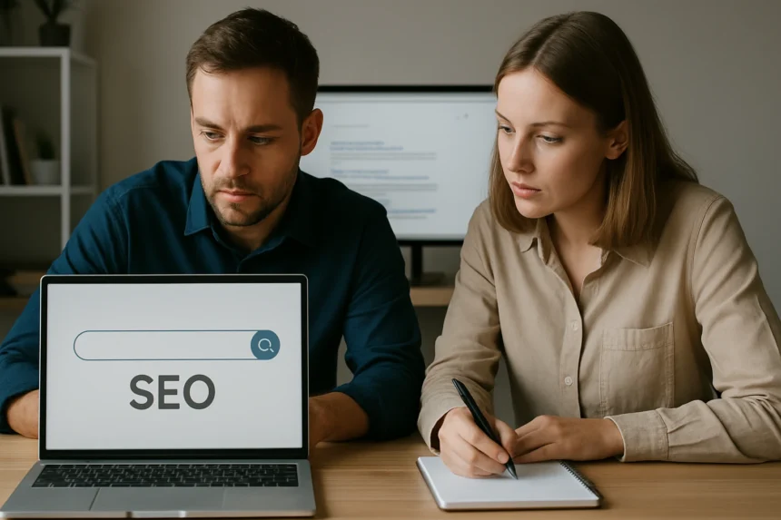 Két személy a SEO-ra összpontosítva, notebookkal dolgozik.