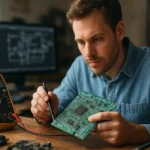 Férfi elektronikai áramkör vizsgálata műszerrel és számítógép előtt