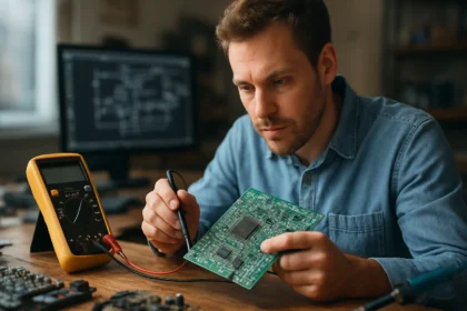 Férfi elektronikai áramkör vizsgálata műszerrel és számítógép előtt